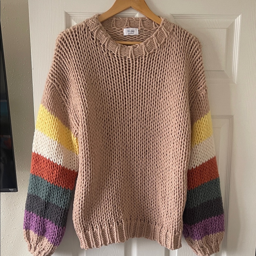 Blu Ivy Tan Colorful Striped Sleeves Sweater